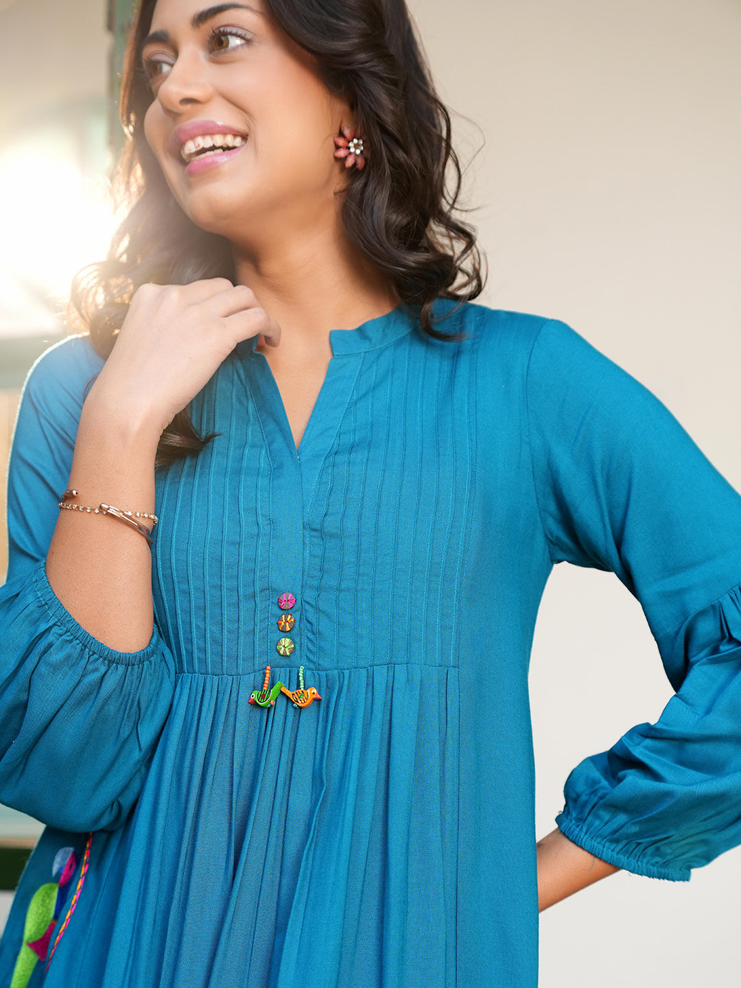Teal Blue Rayon Embroidered Kurta Set