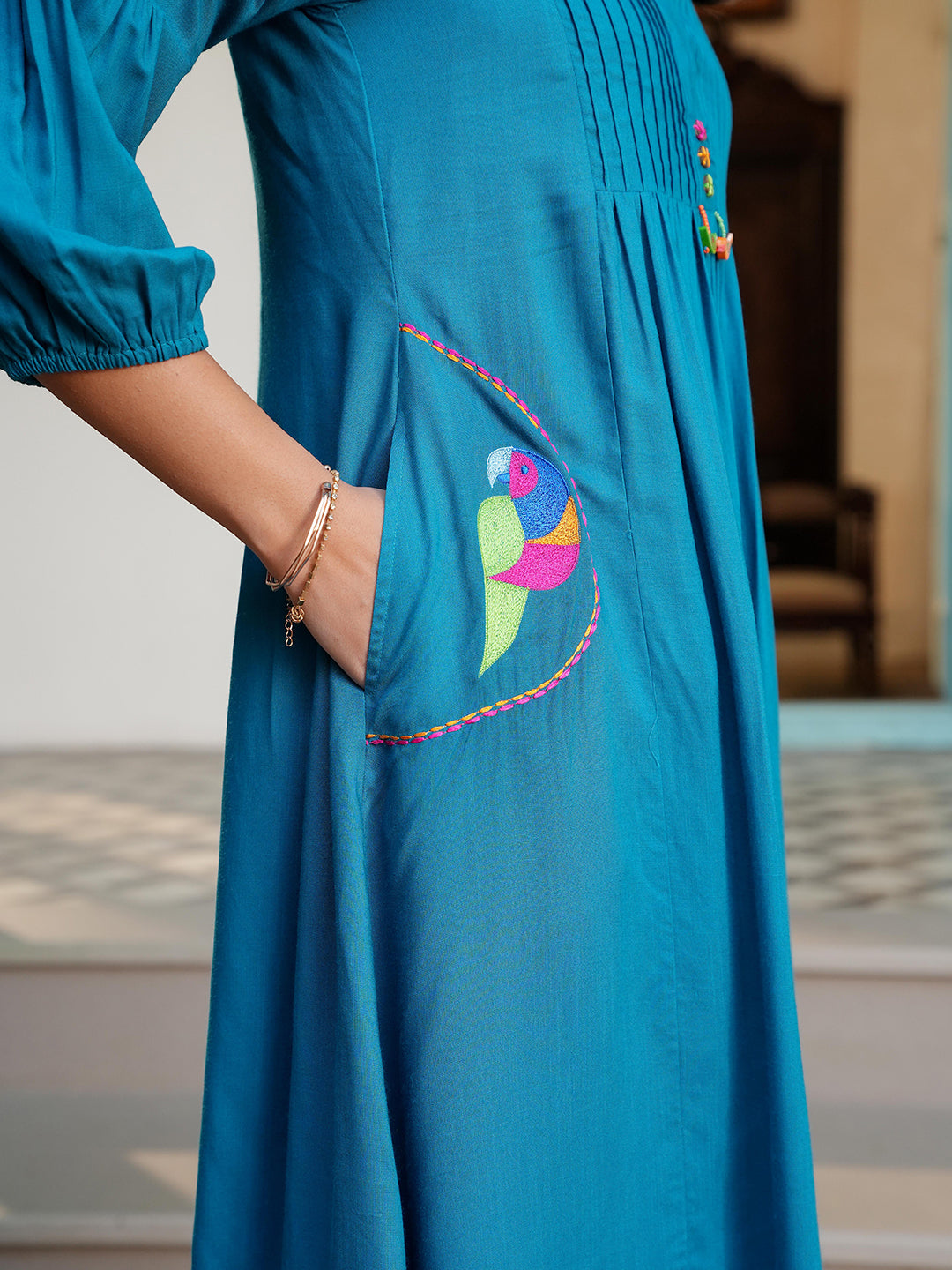 Teal Blue Rayon Embroidered Kurta Set