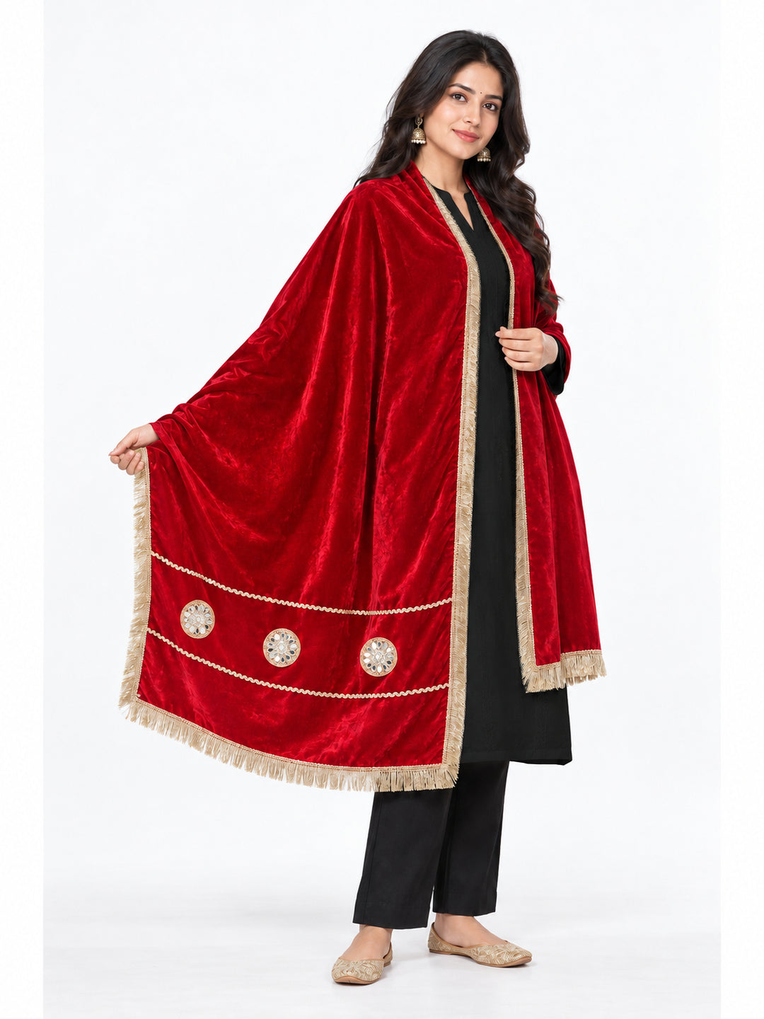 Pspeaches Women's Ethnic Red Solid Velvet Stole for Women