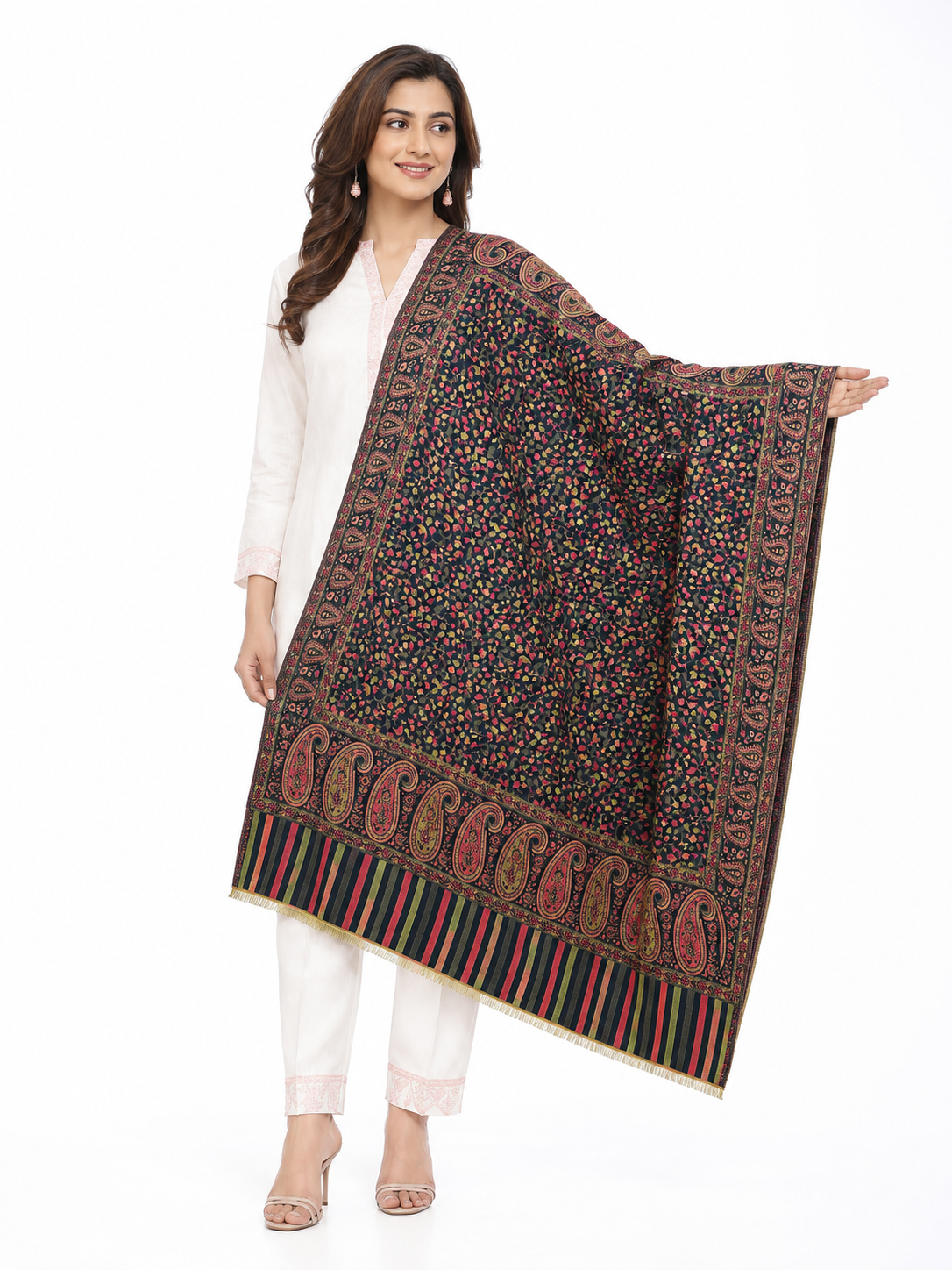 Pspeaches Women's Black Acrylic Traditional Kani Design Woolen Shawl