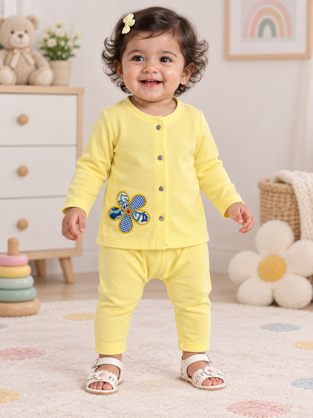 Pspeaches Baby Girls Western Yellow Cotton Rib Full Sleeves Round Neck Solid Embroidered Top with Pant 2 Piece Set ( Sku-Ing-S-Coordyellow )