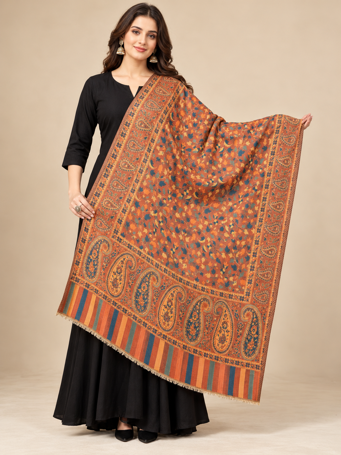 Pspeaches Women's Tan Acrylic Kani Woolen Shawl