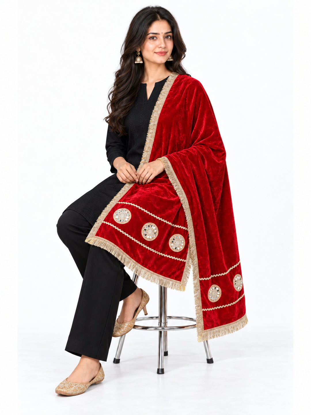 Pspeaches Women's Ethnic Red Solid Velvet Stole for Women