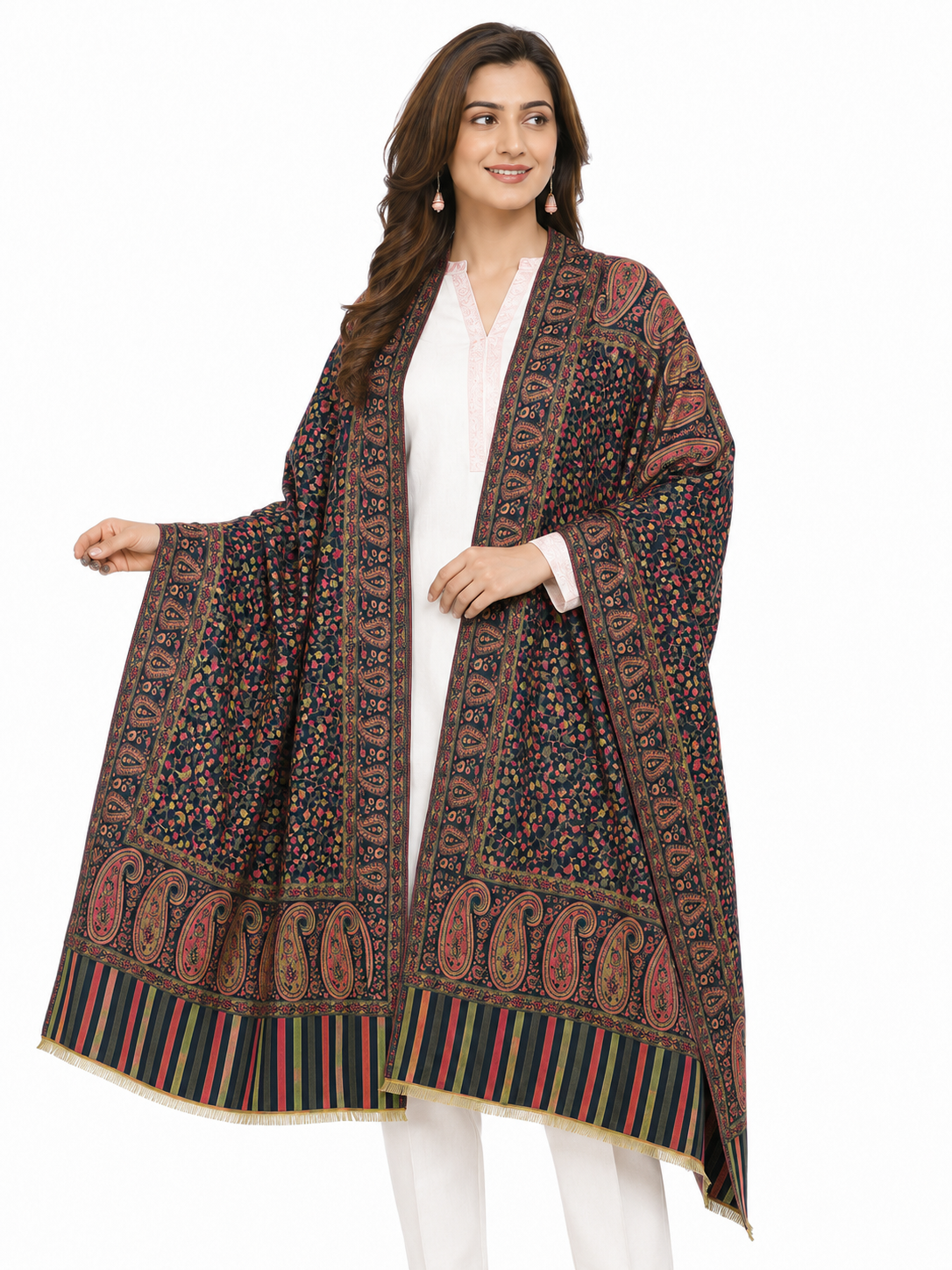 Pspeaches Women's Black Acrylic Traditional Kani Design Woolen Shawl