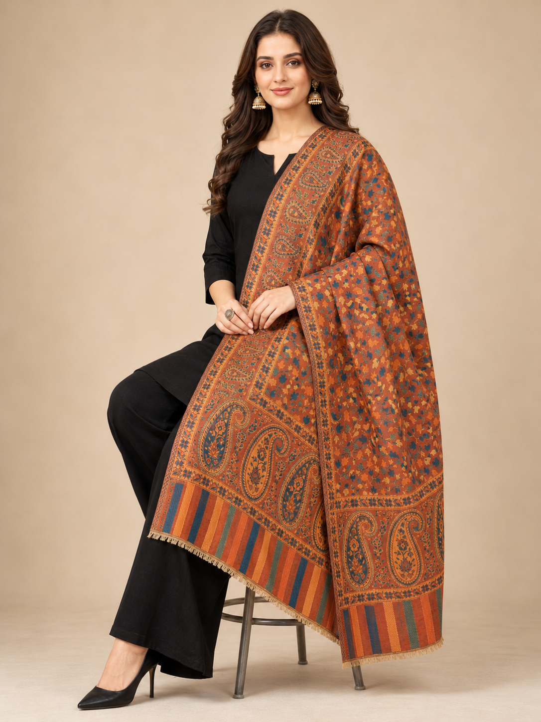 Pspeaches Women's Tan Acrylic Kani Woolen Shawl