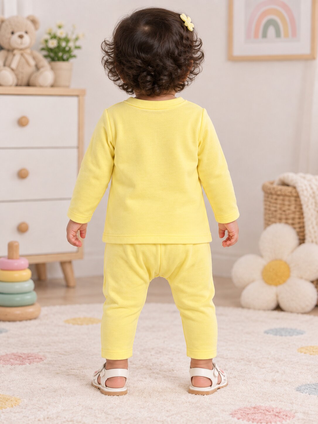 Pspeaches Baby Girls Western Yellow Cotton Rib Full Sleeves Round Neck Solid Embroidered Top with Pant 2 Piece Set ( Sku-Ing-S-Coordyellow )