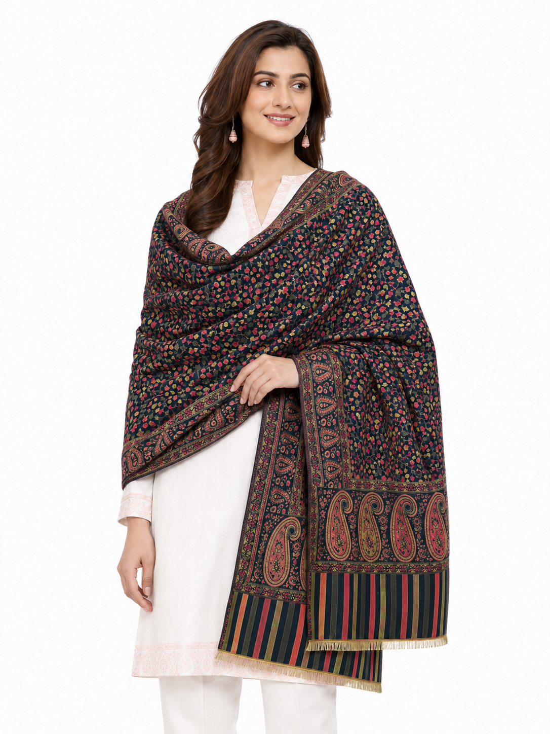 Pspeaches Women's Black Acrylic Traditional Kani Design Woolen Shawl
