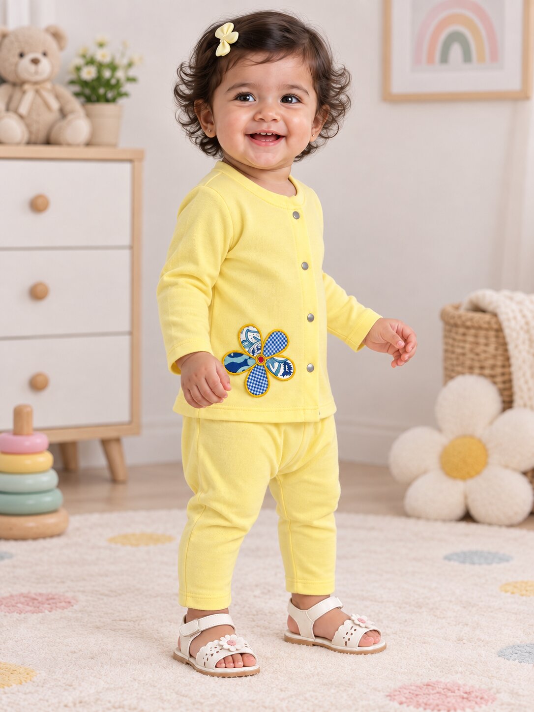 Pspeaches Baby Girls Western Yellow Cotton Rib Full Sleeves Round Neck Solid Embroidered Top with Pant 2 Piece Set ( Sku-Ing-S-Coordyellow )