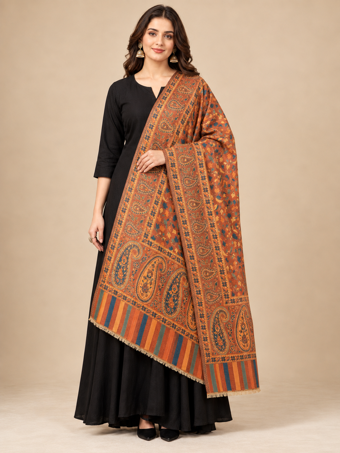 Pspeaches Women's Tan Acrylic Kani Woolen Shawl