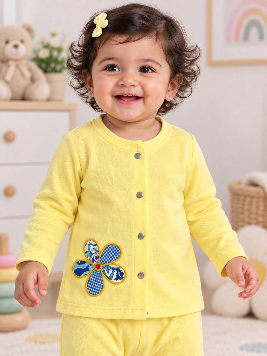 Pspeaches Baby Girls Western Yellow Cotton Rib Full Sleeves Round Neck Solid Embroidered Top with Pant 2 Piece Set ( Sku-Ing-S-Coordyellow )