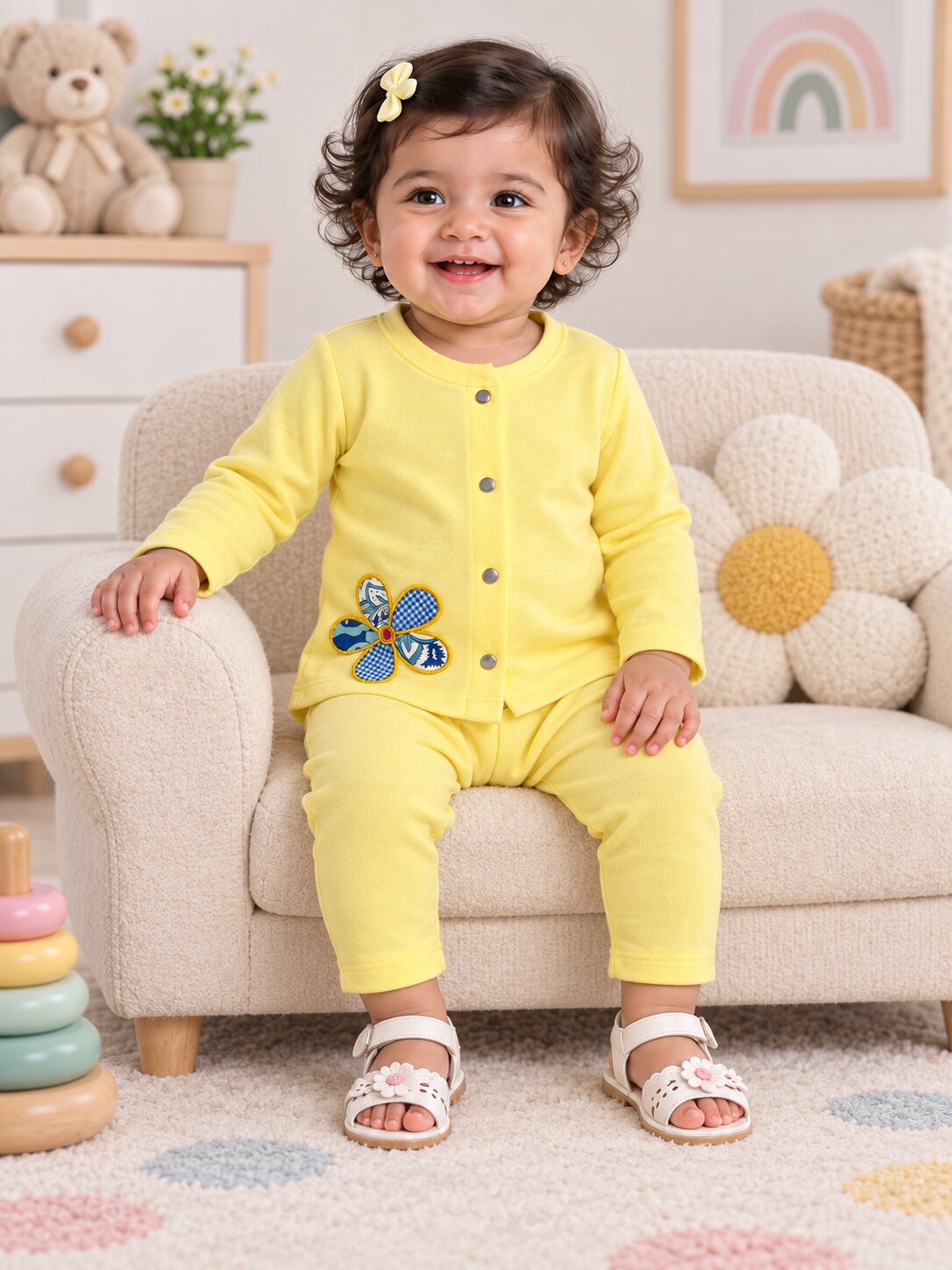 Pspeaches Baby Girls Western Yellow Cotton Rib Full Sleeves Round Neck Solid Embroidered Top with Pant 2 Piece Set ( Sku-Ing-S-Coordyellow )