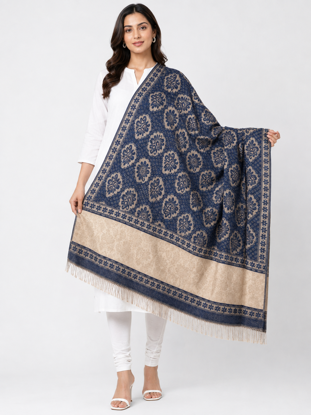 Pspeaches Women's Blue Acrylic Raised Floral Woolen Shawl