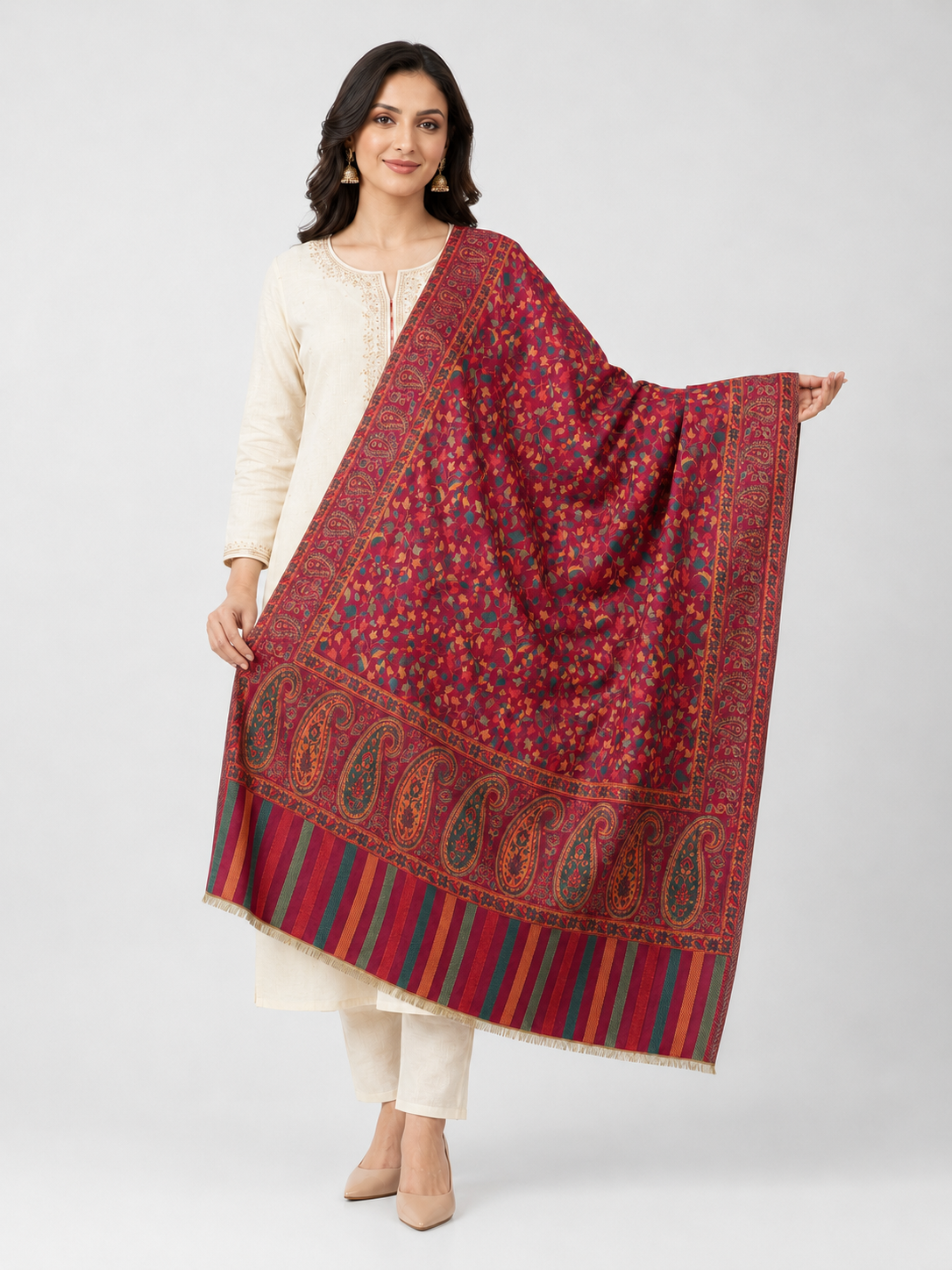 Pspeaches Women's Red Acrylic Kani Woolen Shawl