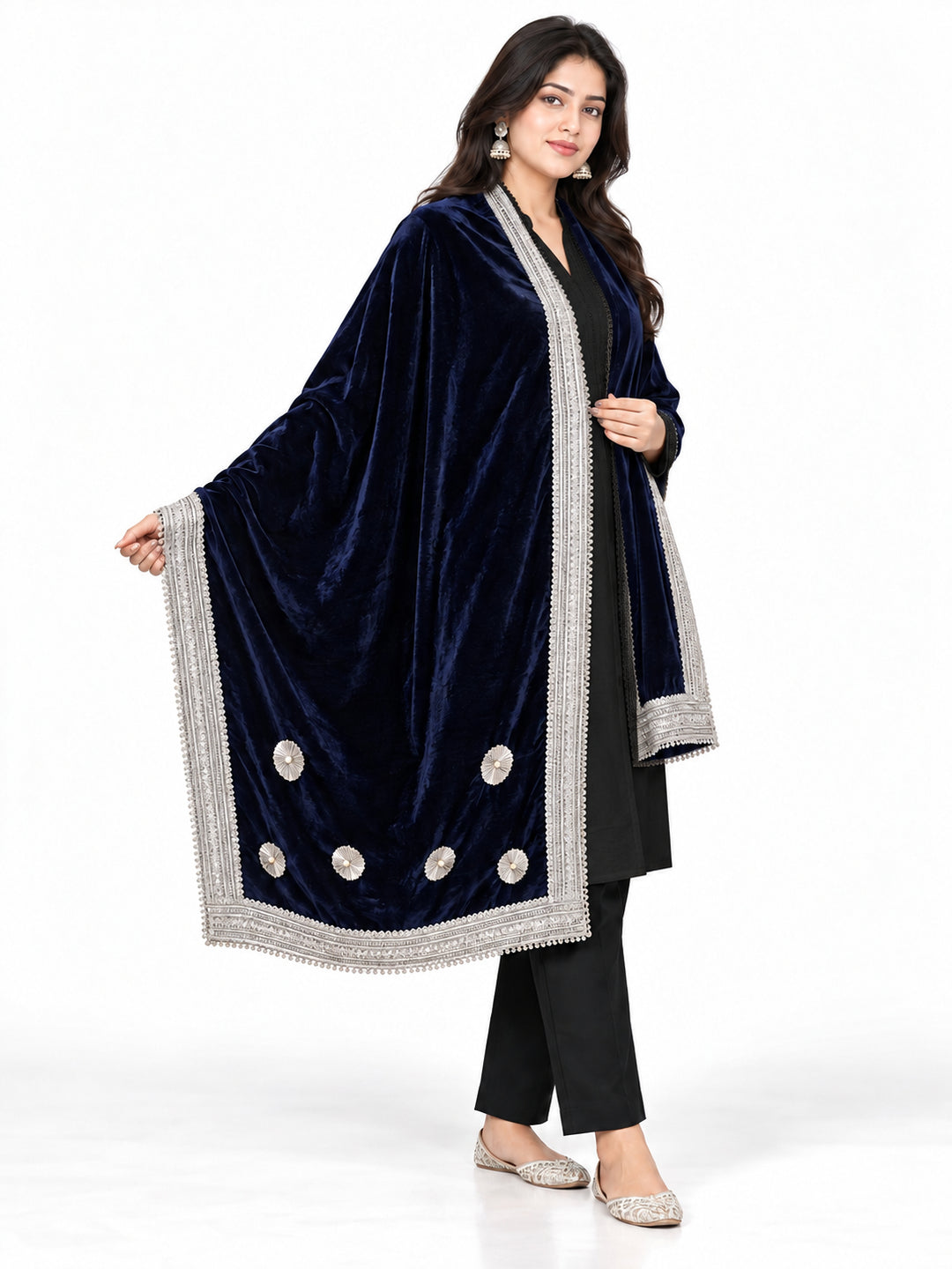 Pspeaches Women's Ethnic Navy Blue Solid Velvet Stole for Women
