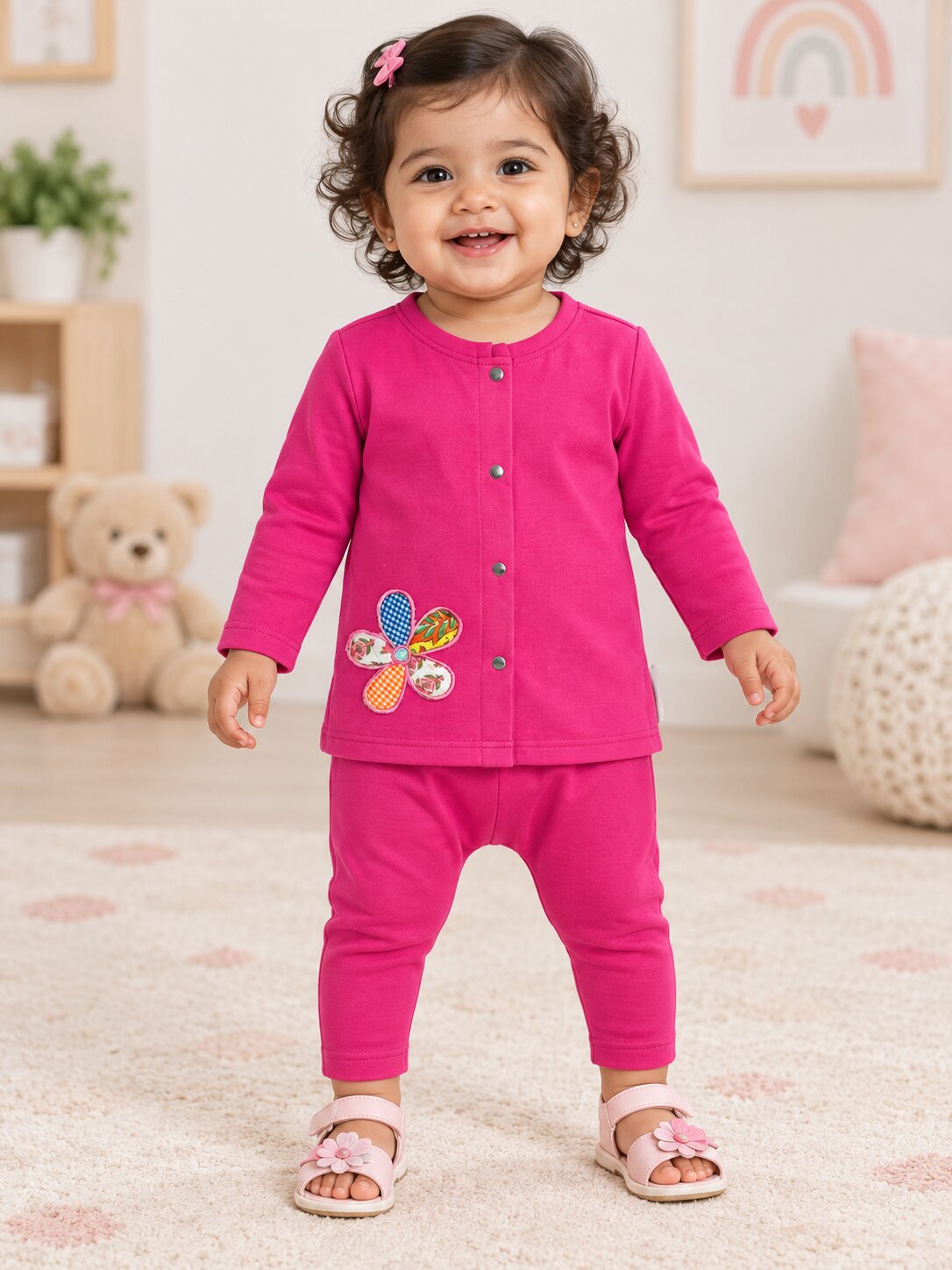 Pspeaches Baby Girls Western Magenta Cotton Rib Full Sleeves Round Neck Solid Embroidered Top with Pant 2 Piece Set ( Sku-Ing-S-Coordmagenta )