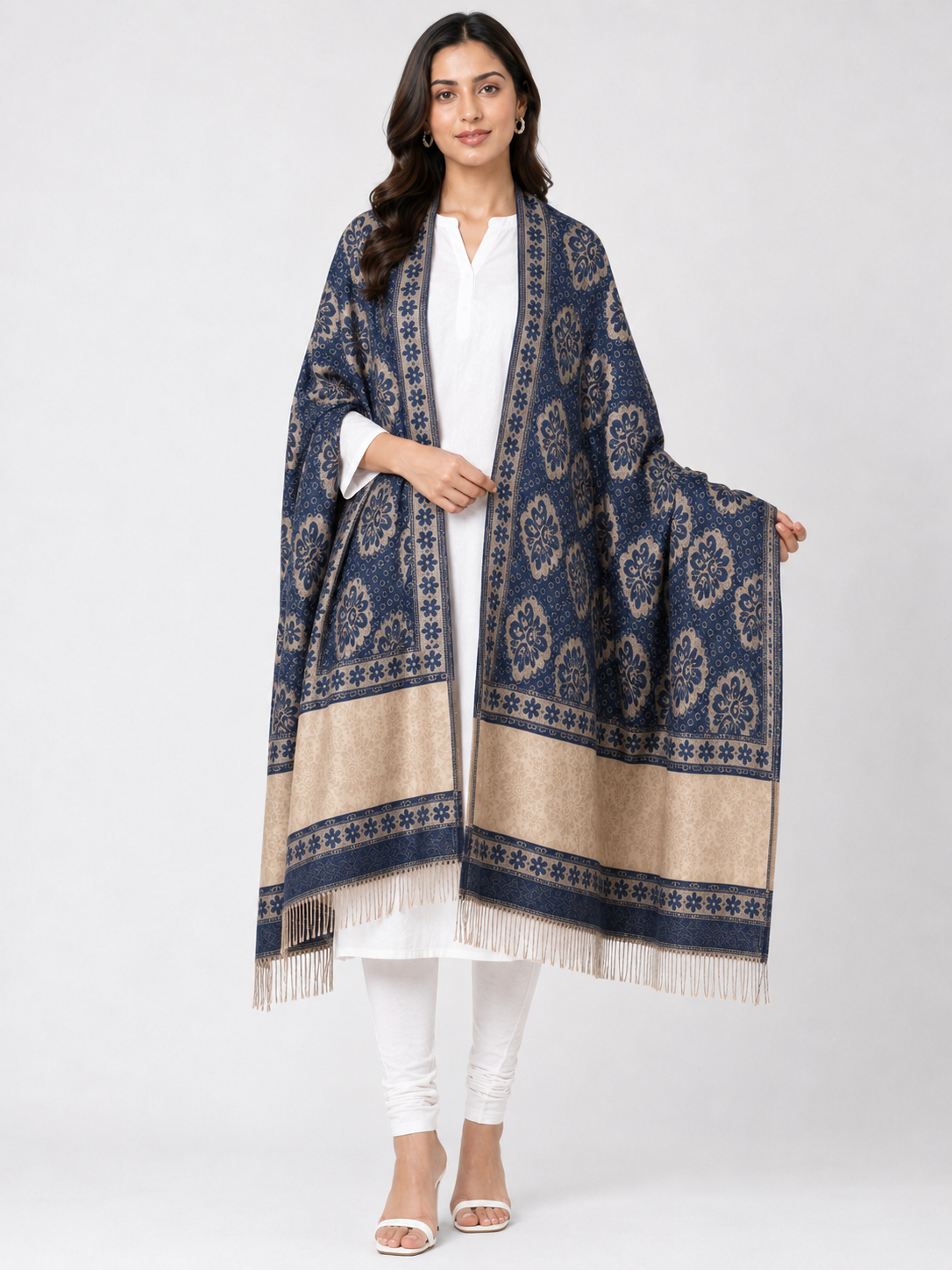 Pspeaches Women's Blue Acrylic Raised Floral Woolen Shawl