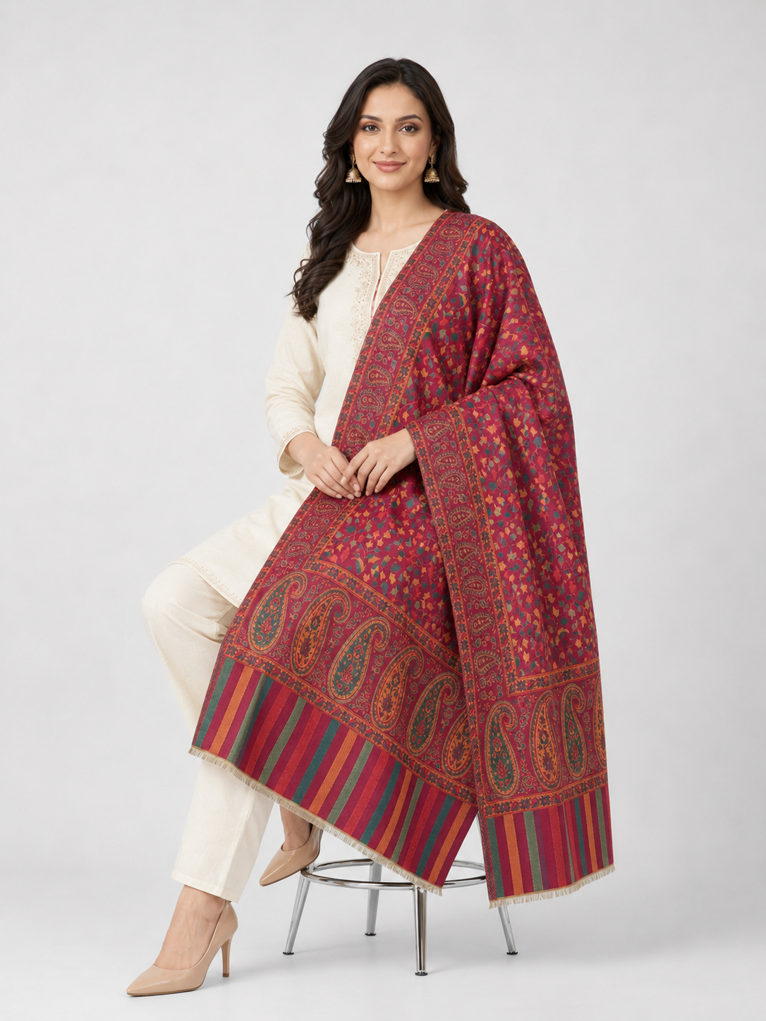 Pspeaches Women's Red Acrylic Kani Woolen Shawl
