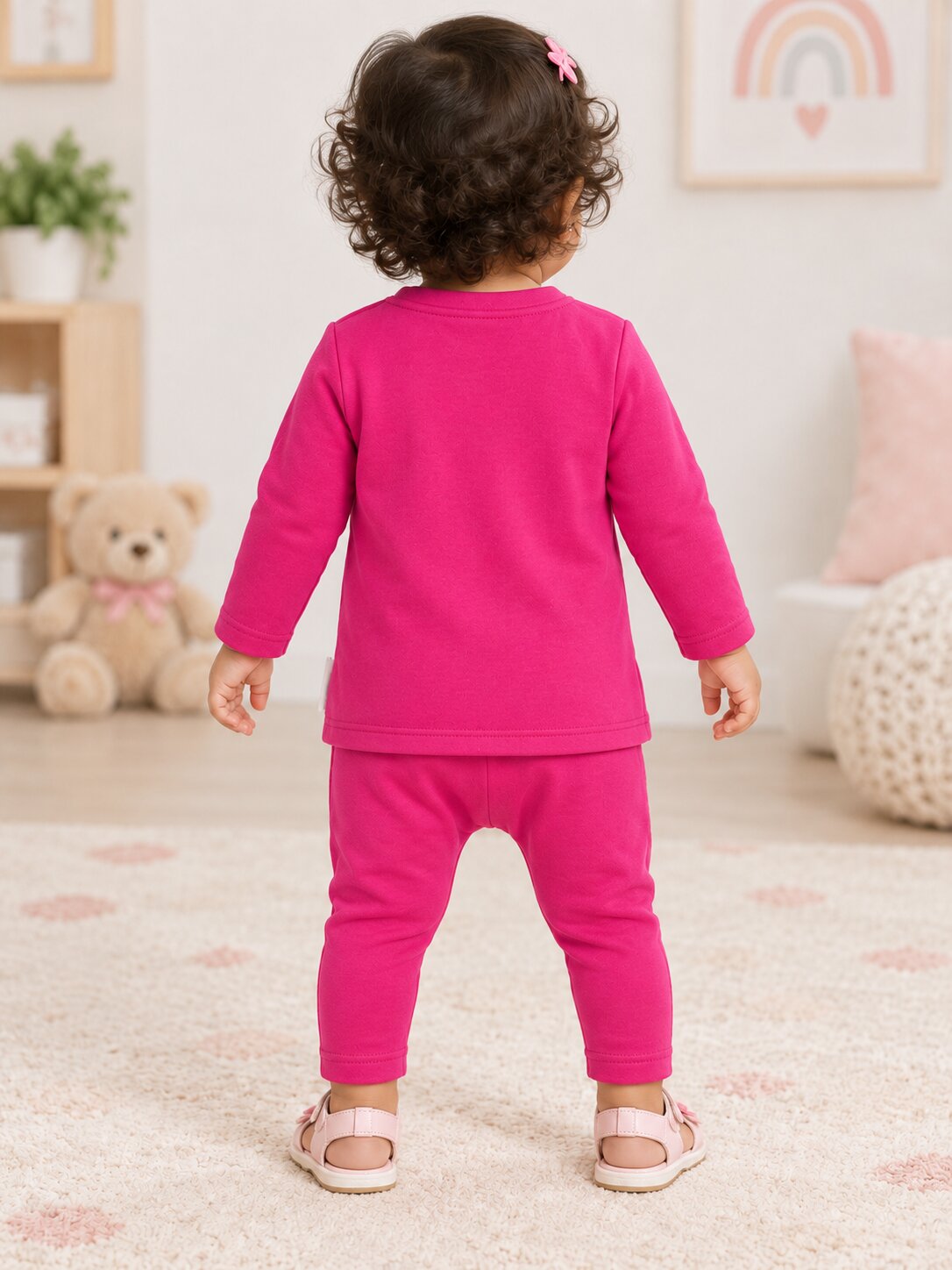 Pspeaches Baby Girls Western Magenta Cotton Rib Full Sleeves Round Neck Solid Embroidered Top with Pant 2 Piece Set ( Sku-Ing-S-Coordmagenta )