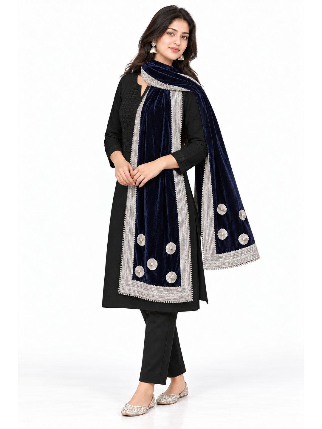 Pspeaches Women's Ethnic Navy Blue Solid Velvet Stole for Women