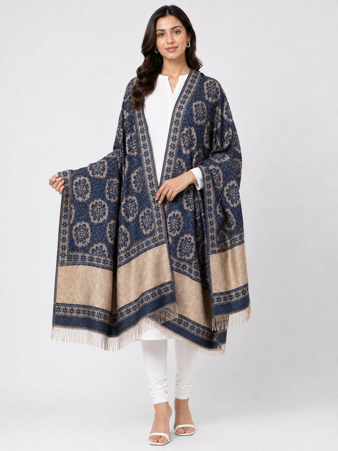 Pspeaches Women's Blue Acrylic Raised Floral Woolen Shawl