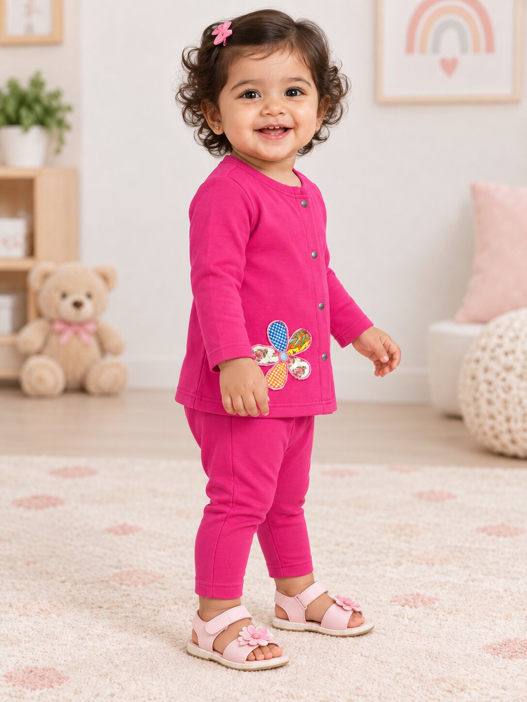 Pspeaches Baby Girls Western Magenta Cotton Rib Full Sleeves Round Neck Solid Embroidered Top with Pant 2 Piece Set ( Sku-Ing-S-Coordmagenta )