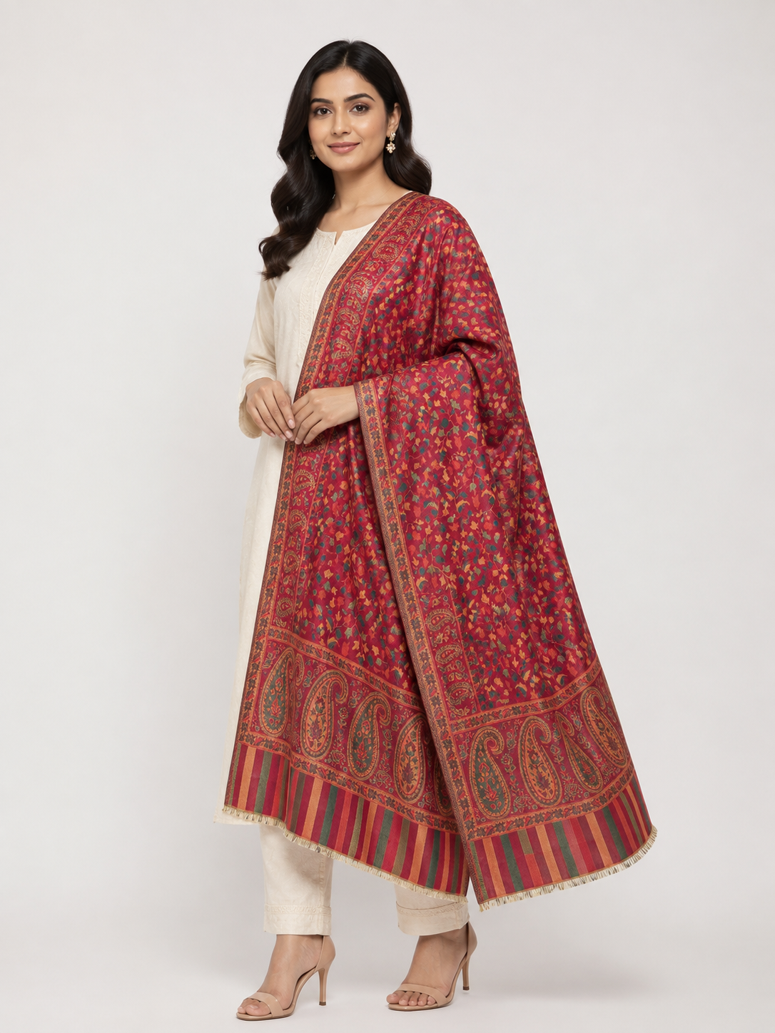 Pspeaches Women's Red Acrylic Kani Woolen Shawl
