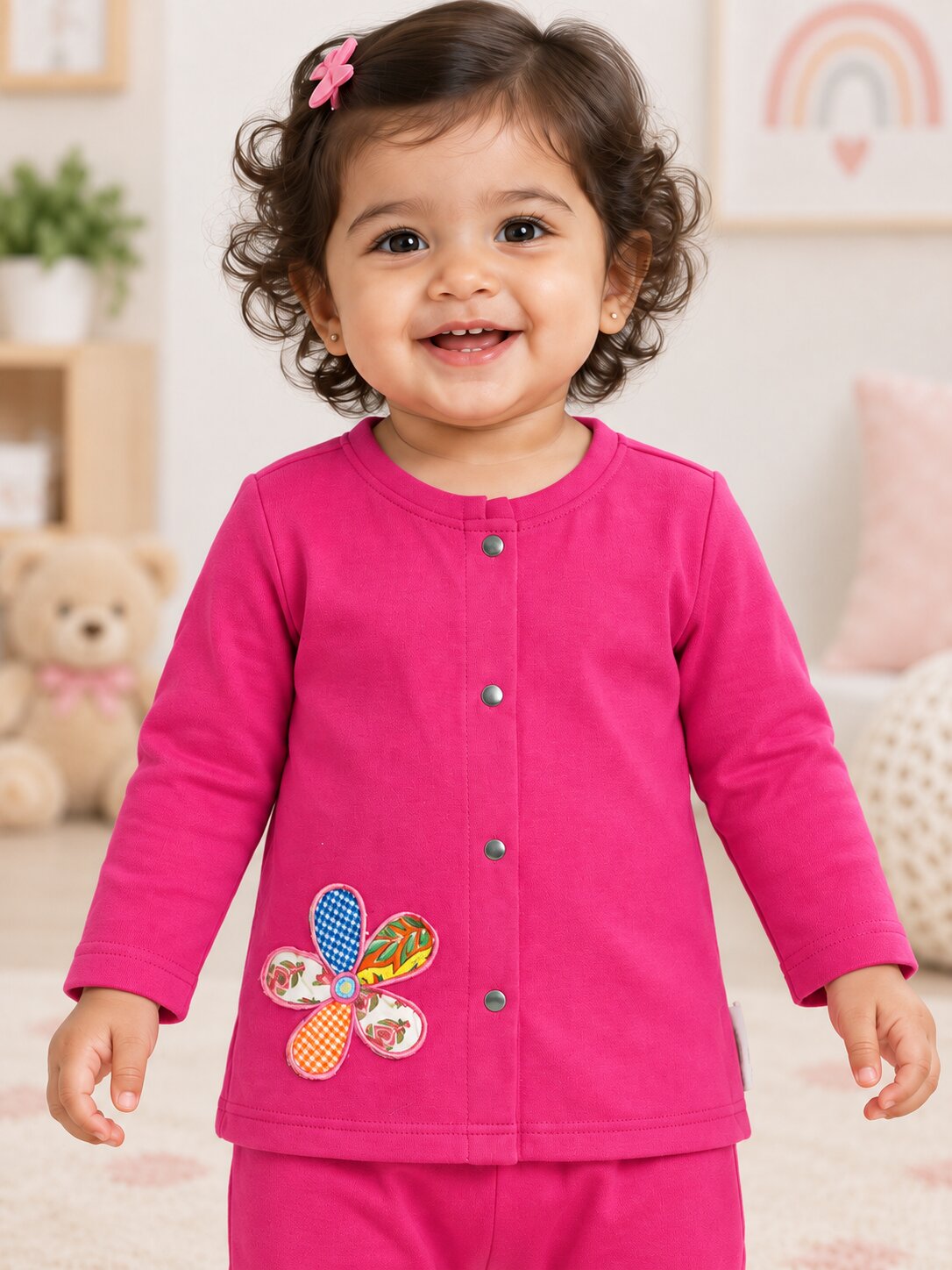Pspeaches Baby Girls Western Magenta Cotton Rib Full Sleeves Round Neck Solid Embroidered Top with Pant 2 Piece Set ( Sku-Ing-S-Coordmagenta )