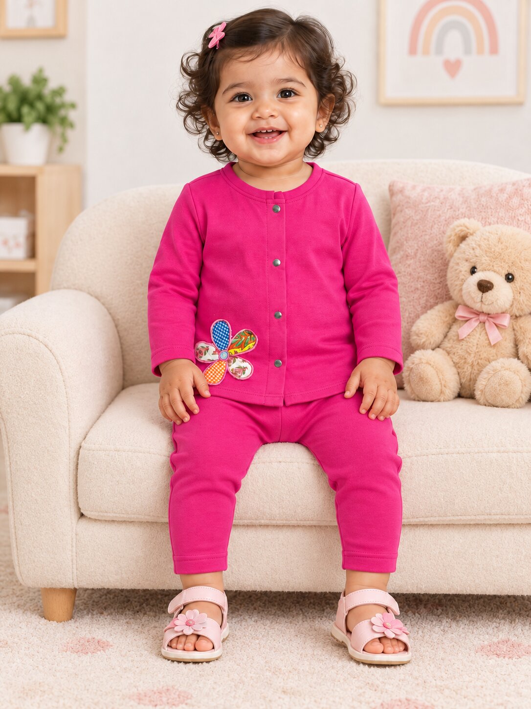Pspeaches Baby Girls Western Magenta Cotton Rib Full Sleeves Round Neck Solid Embroidered Top with Pant 2 Piece Set ( Sku-Ing-S-Coordmagenta )