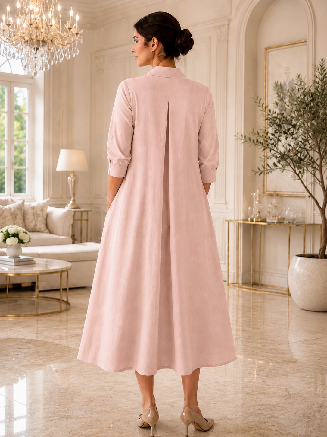 Women's Nude Pink Cotton Slub Pleated Shirt Dress