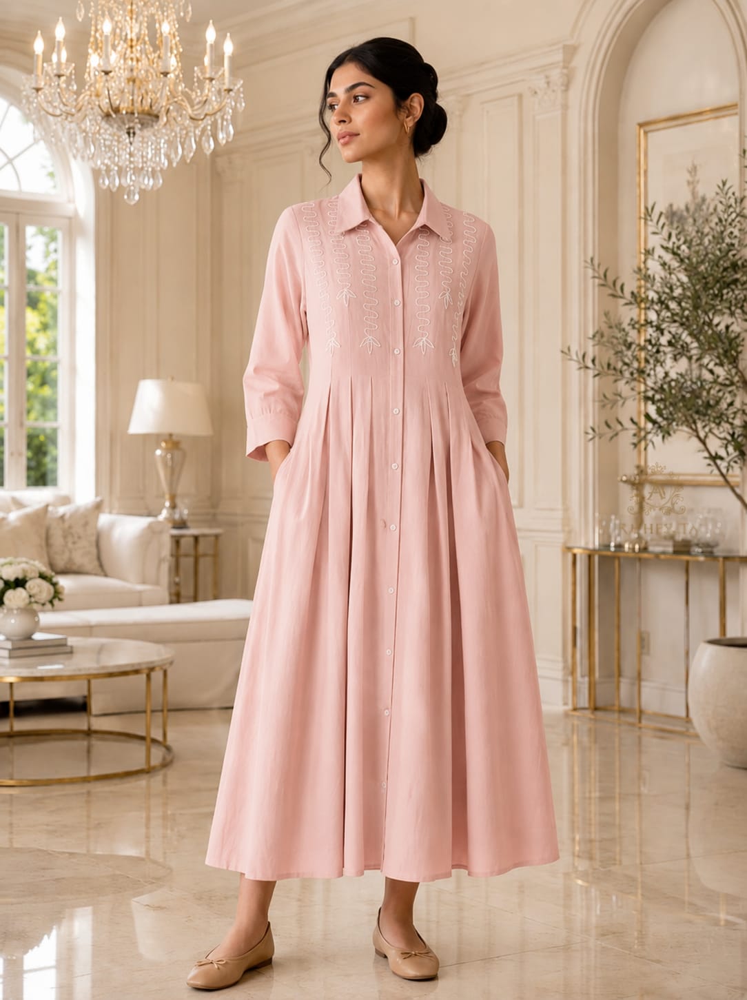 Women's Nude Pink Cotton Slub Pleated Shirt Dress