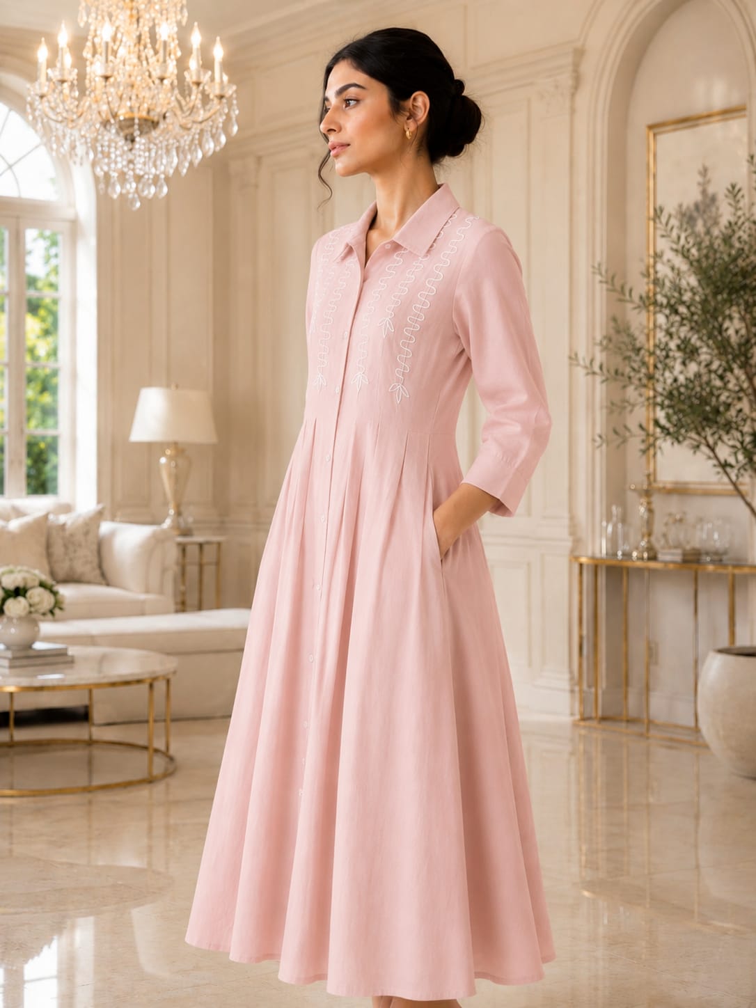 Women's Nude Pink Cotton Slub Pleated Shirt Dress