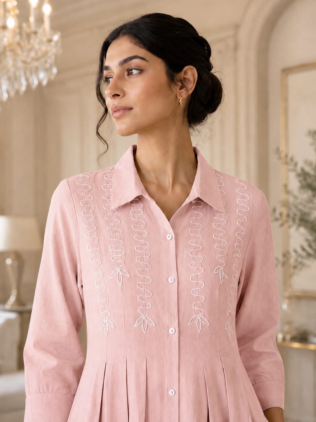 Women's Nude Pink Cotton Slub Pleated Shirt Dress