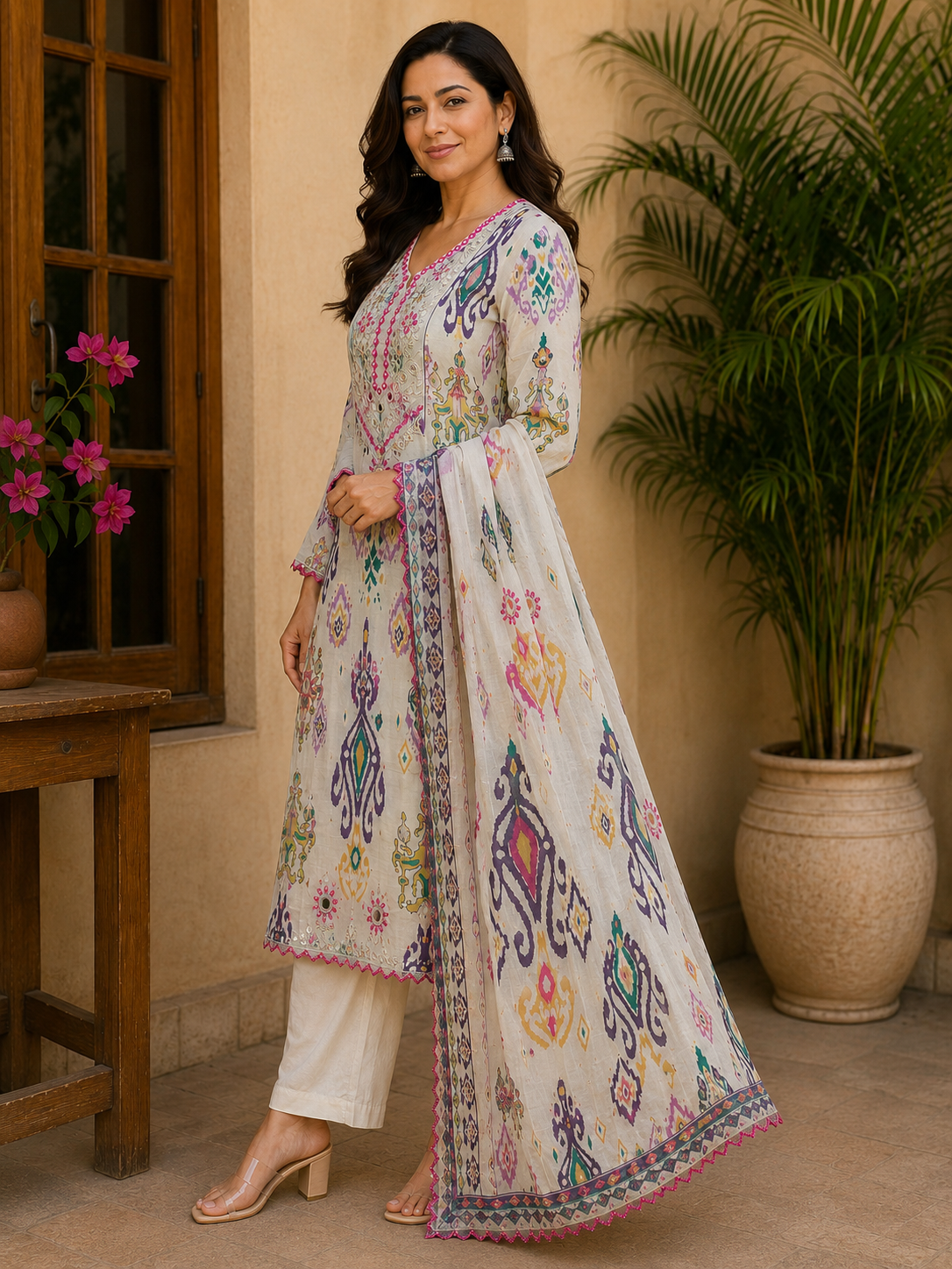 Women's Multicolor Cotton Printed Straight Kurta Set with Dupatta