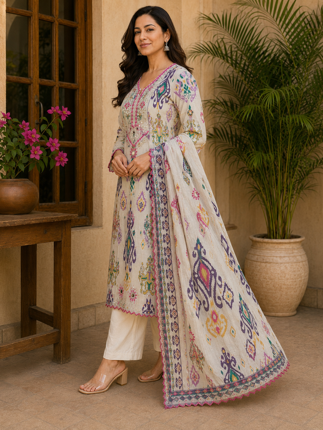Women's Multicolor Cotton Printed Straight Kurta Set with Dupatta