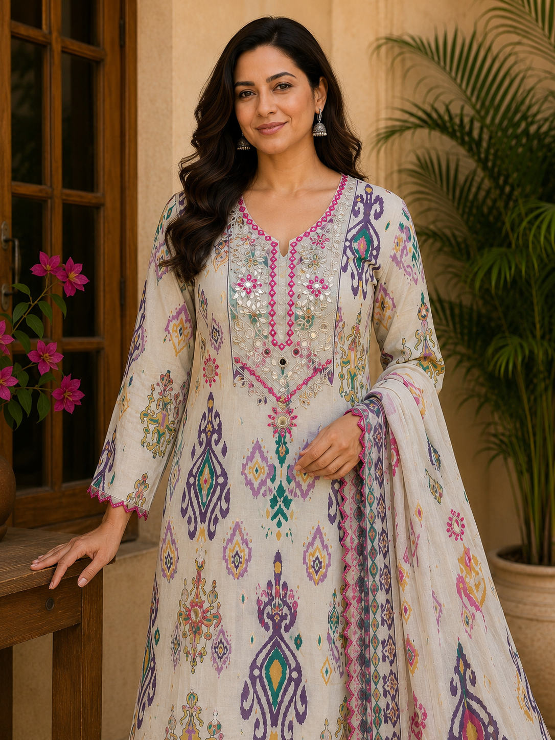 Women's Multicolor Cotton Printed Straight Kurta Set with Dupatta