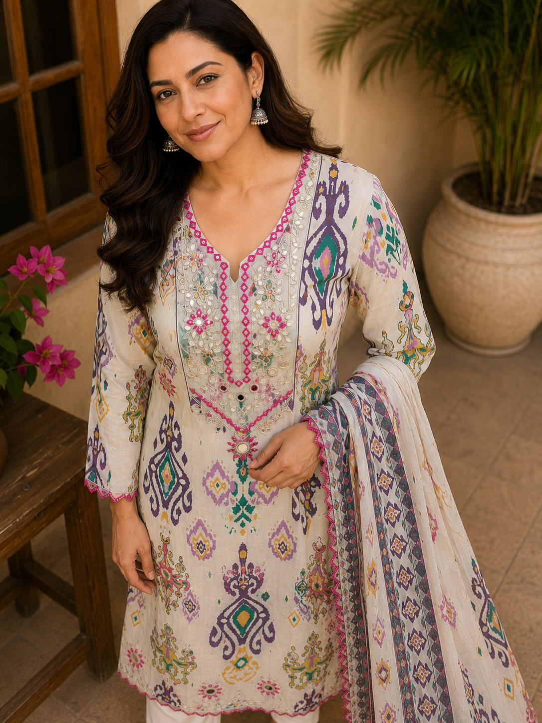 Women's Multicolor Cotton Printed Straight Kurta Set with Dupatta