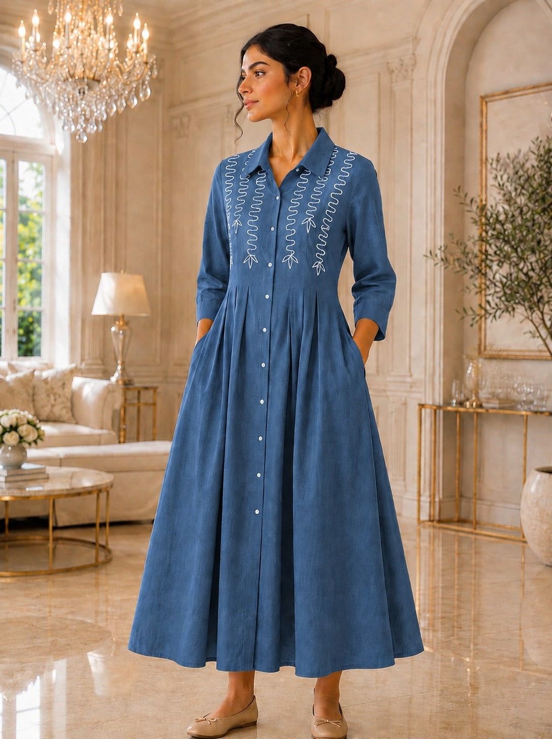 Women's Blue Cotton Slub Pleated Shirt Dress