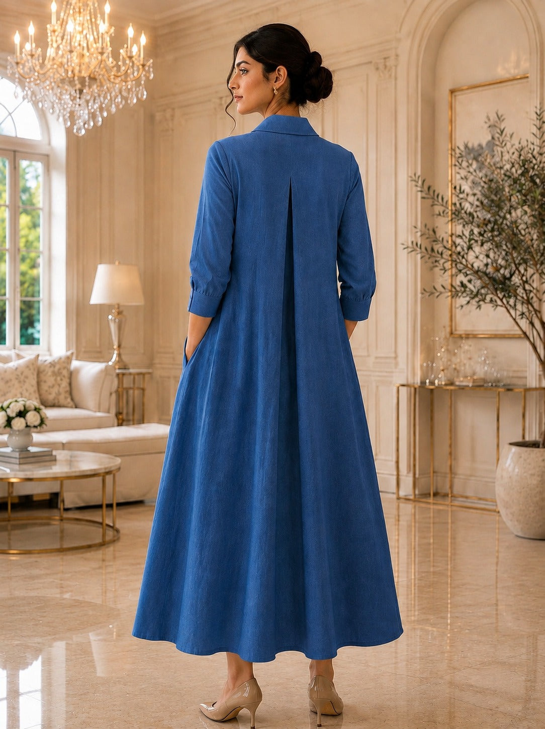 Women's Blue Cotton Slub Pleated Shirt Dress