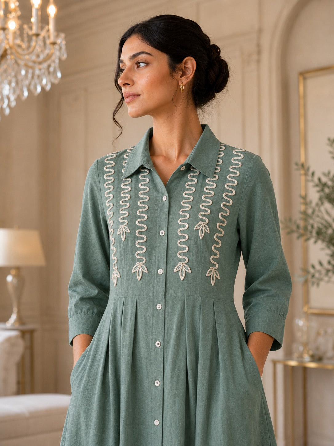 Women's Teal Green Cotton Slub Pleated Shirt Dress