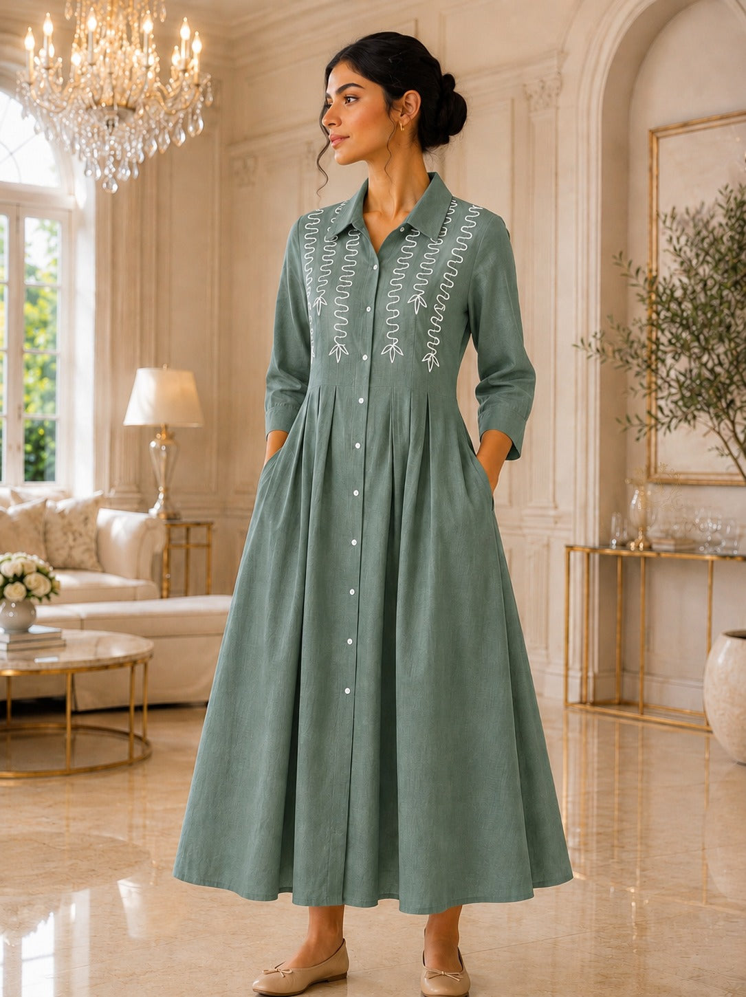 Women's Teal Green Cotton Slub Pleated Shirt Dress