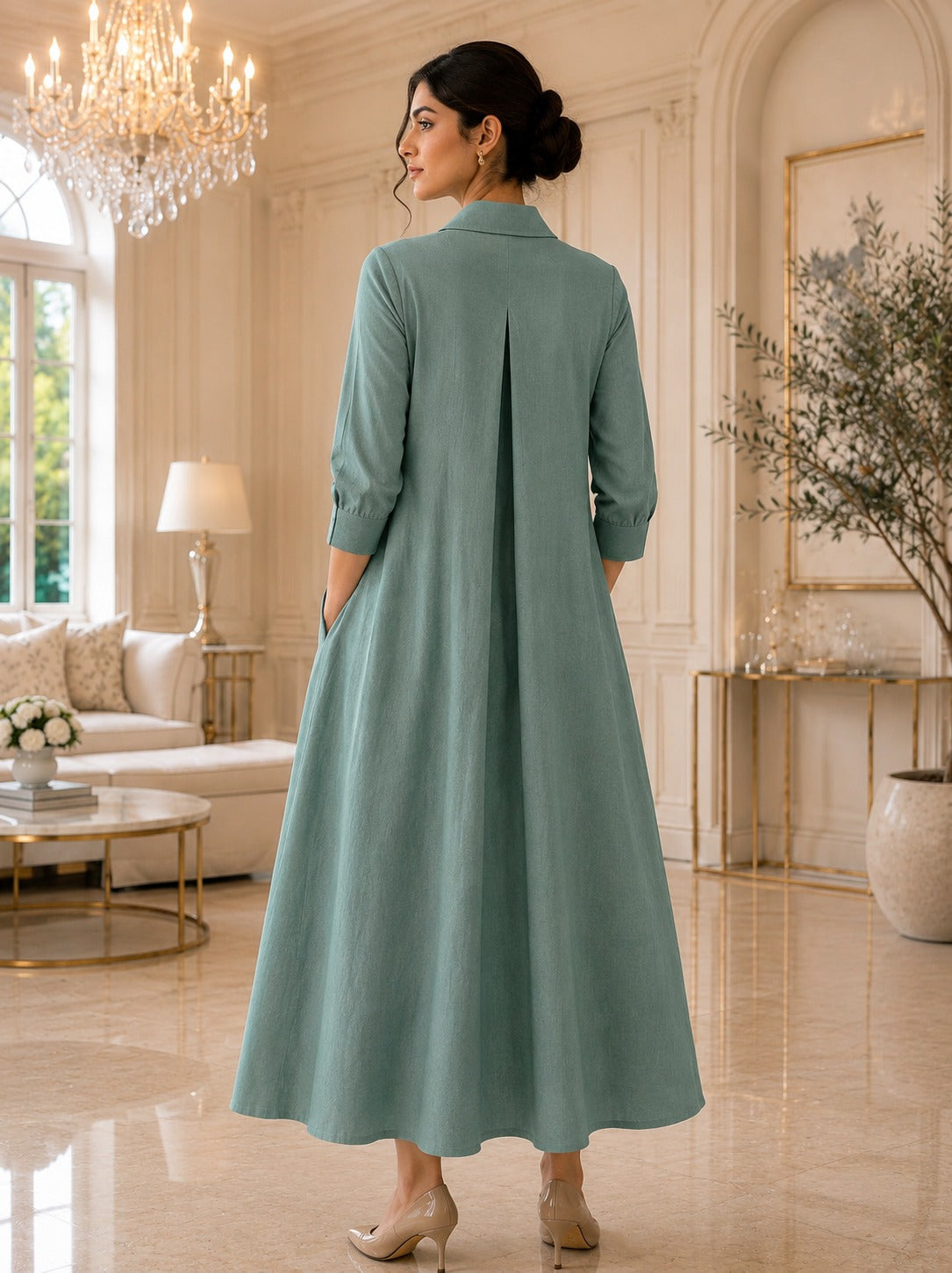 Women's Teal Green Cotton Slub Pleated Shirt Dress