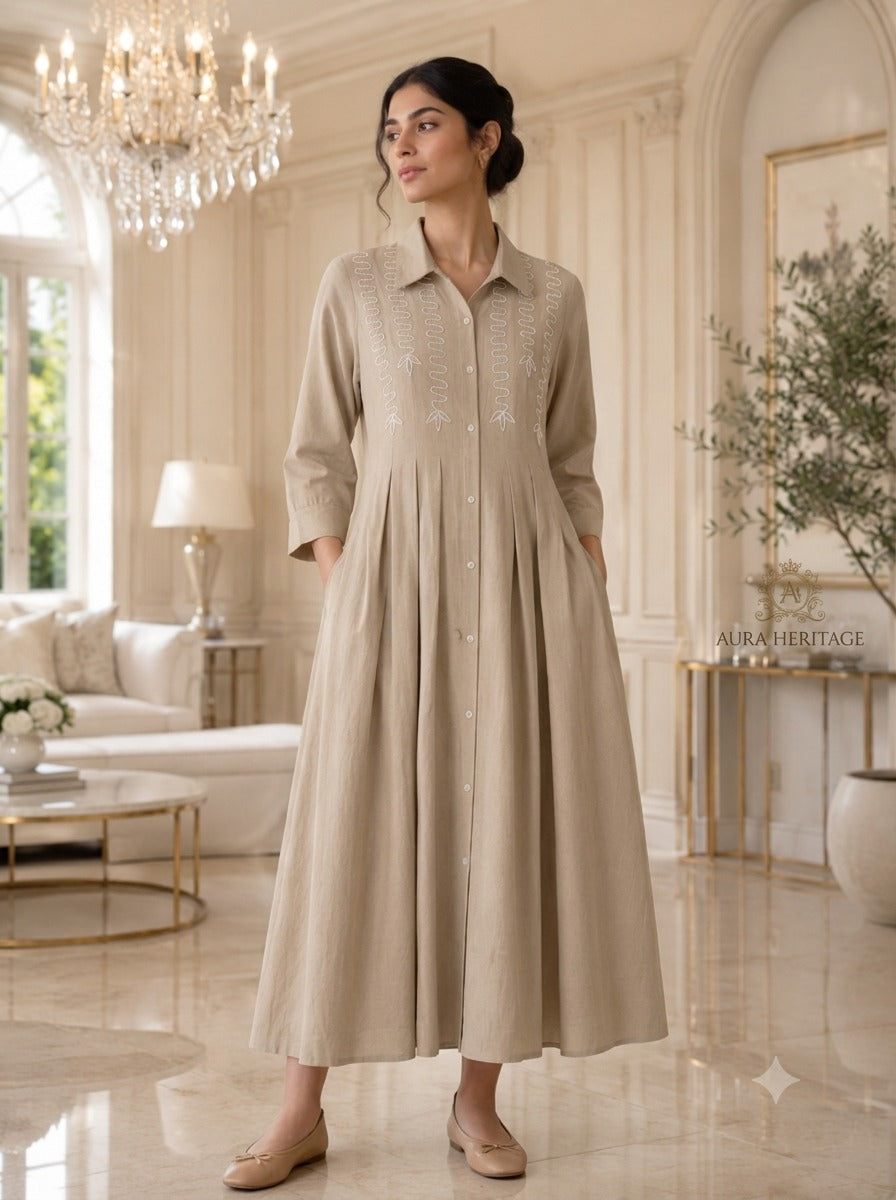 Women's Beige Cotton Slub Pleated Shirt Dress