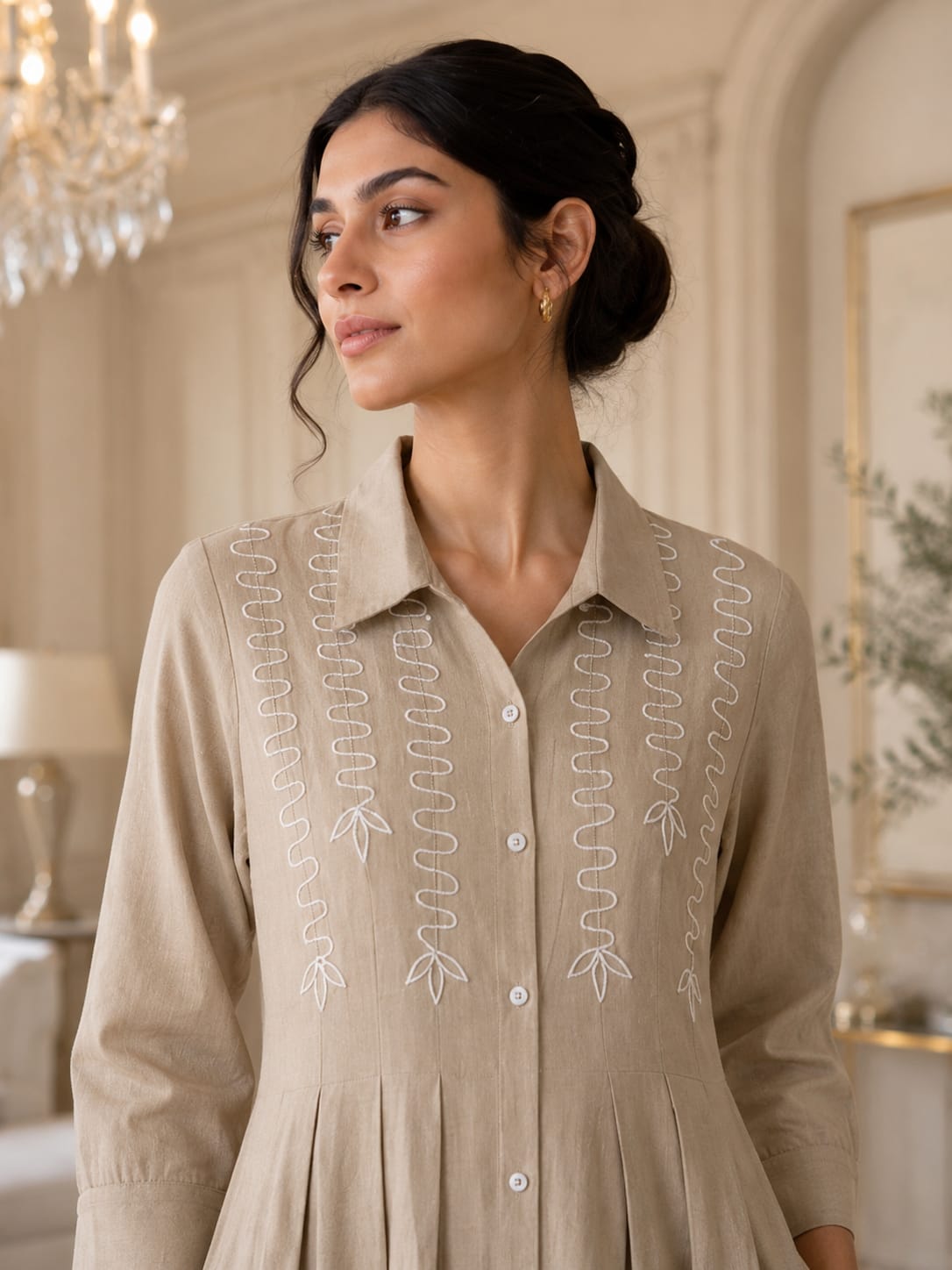 Women's Beige Cotton Slub Pleated Shirt Dress