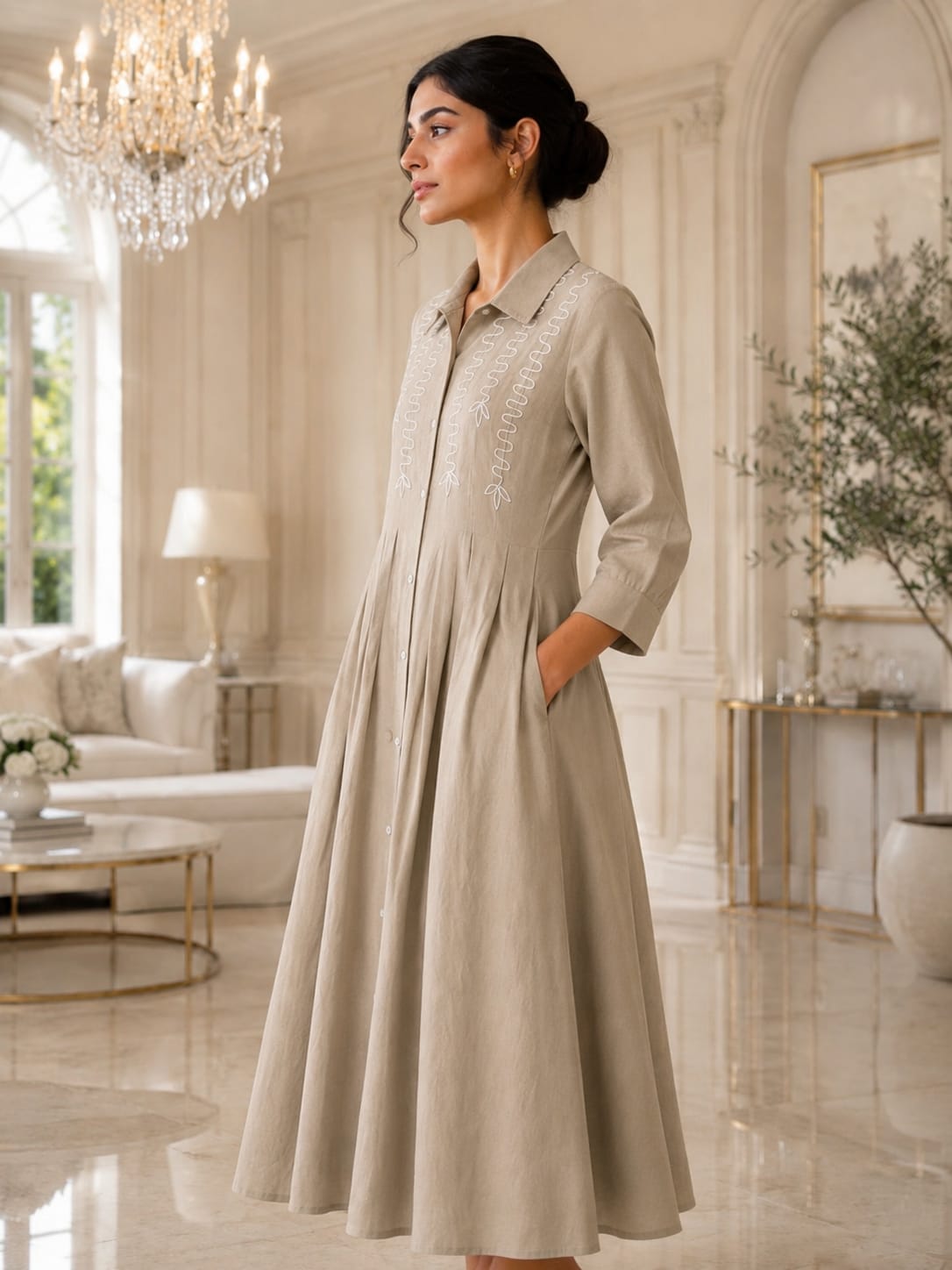Women's Beige Cotton Slub Pleated Shirt Dress