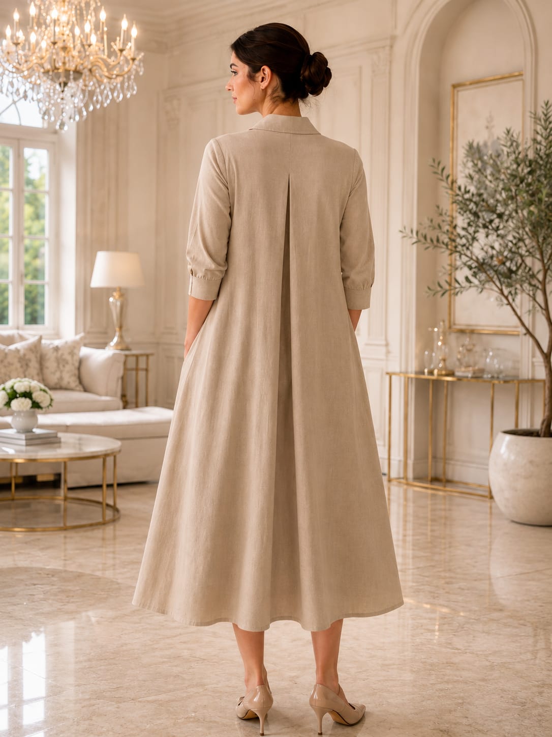 Women's Beige Cotton Slub Pleated Shirt Dress