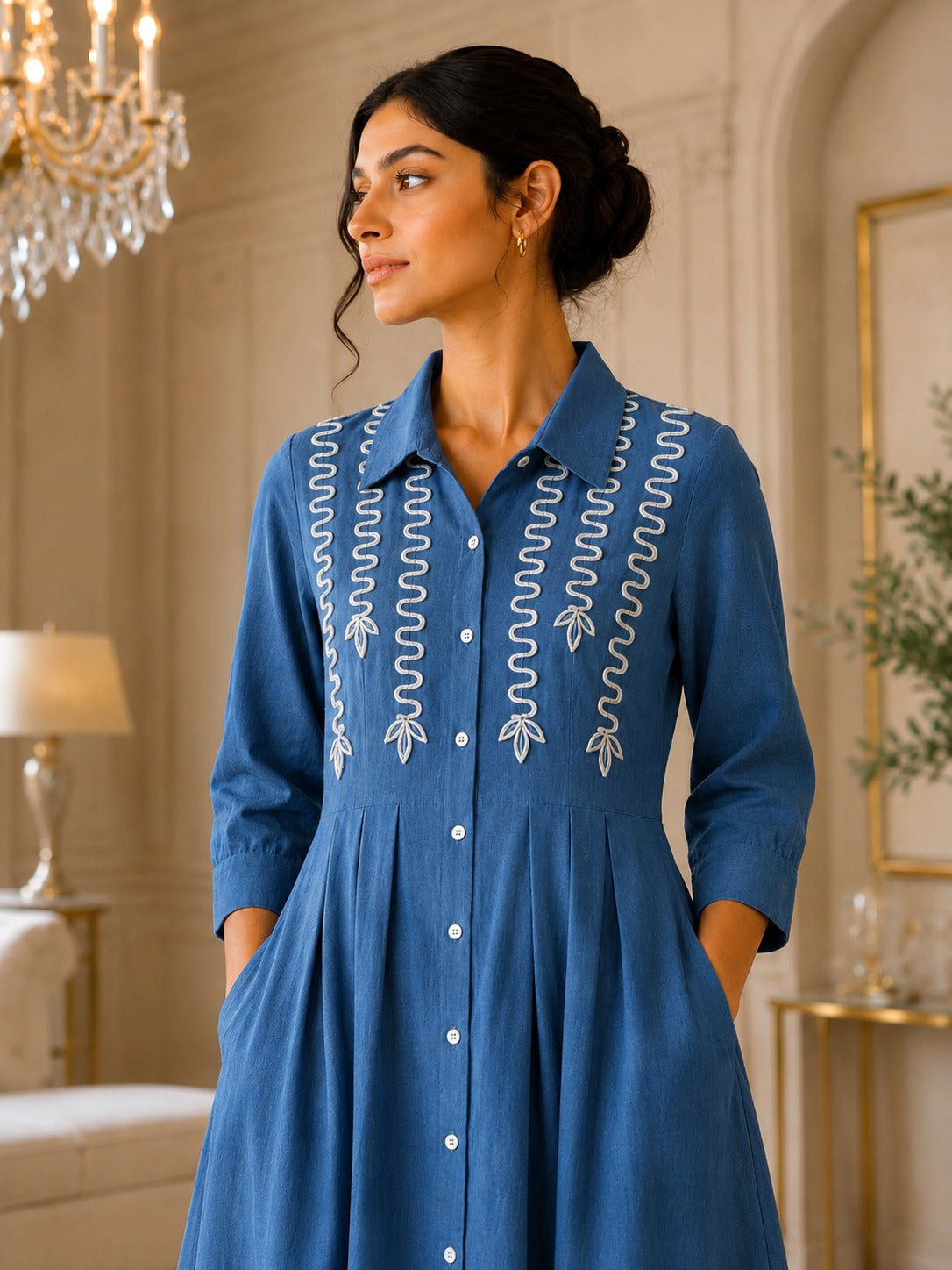 Women's Blue Cotton Slub Pleated Shirt Dress