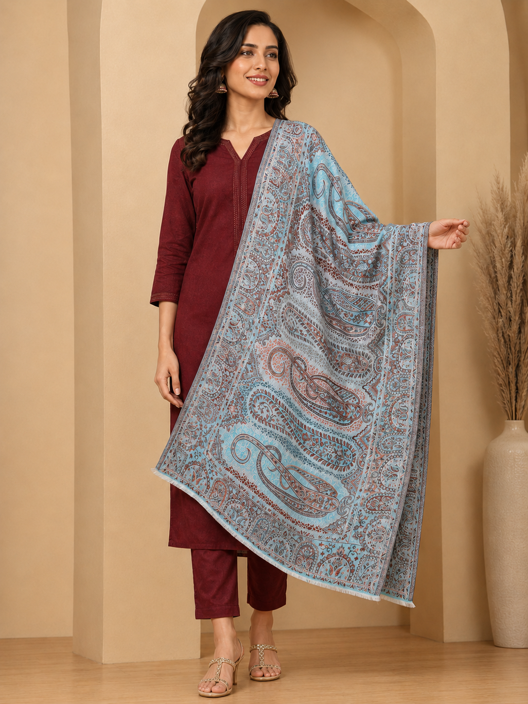 Pspeaches Women's Light Blue 100% Viscose Jamawar Design Stole