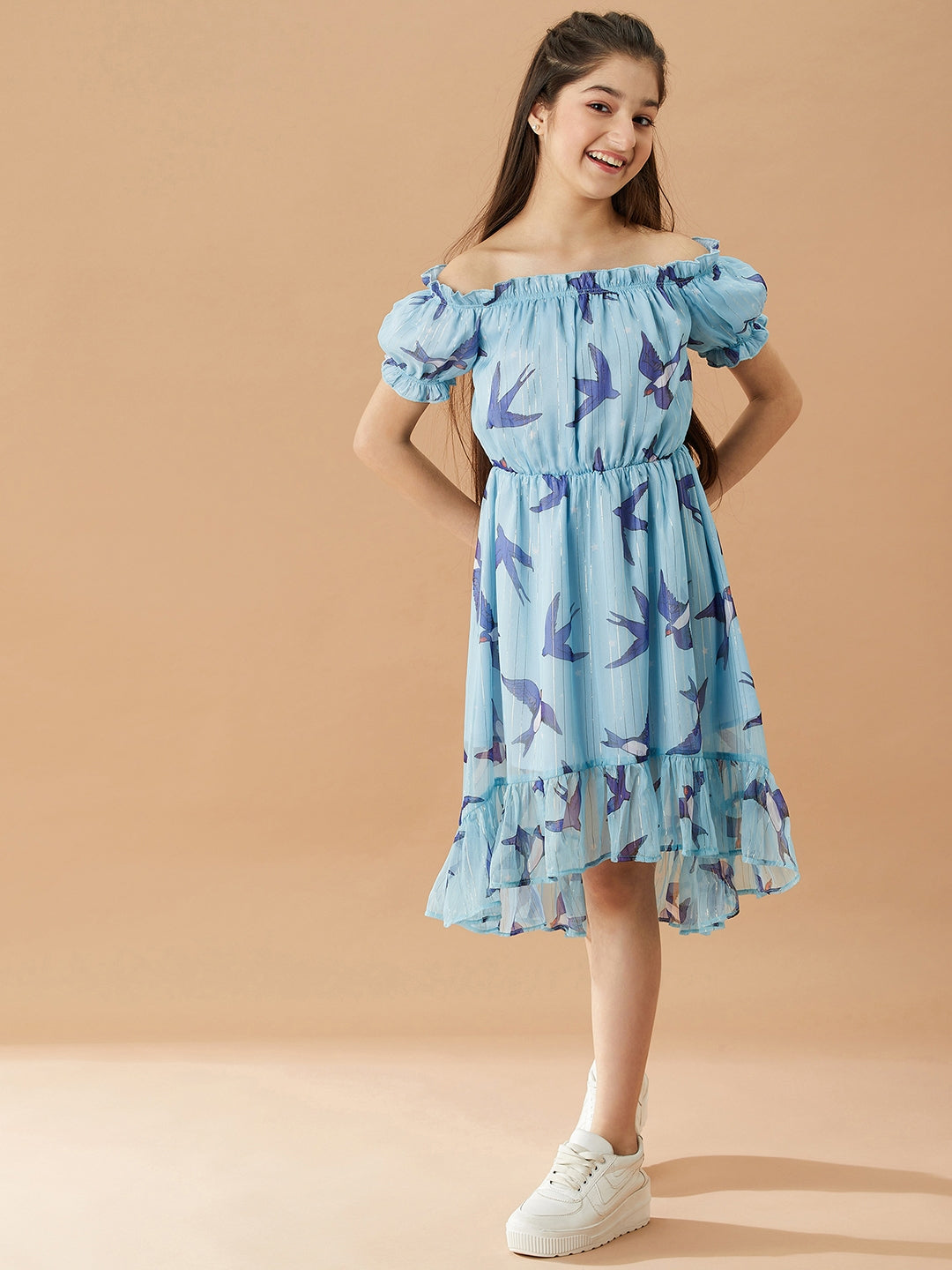 Girls Off-Shoulder Chiffon Dress (d-bird)