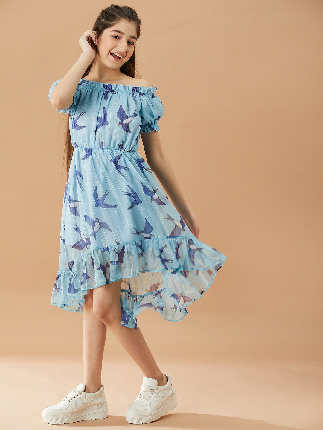 Girls Off-Shoulder Chiffon Dress (d-bird)