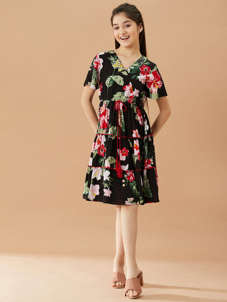 Girls V-Neck Tropical Cotton Dress (d-blackrose)